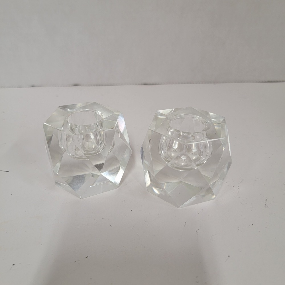 Glass Taper Candle Holders Geometric Faceted Prism Heavy Clear